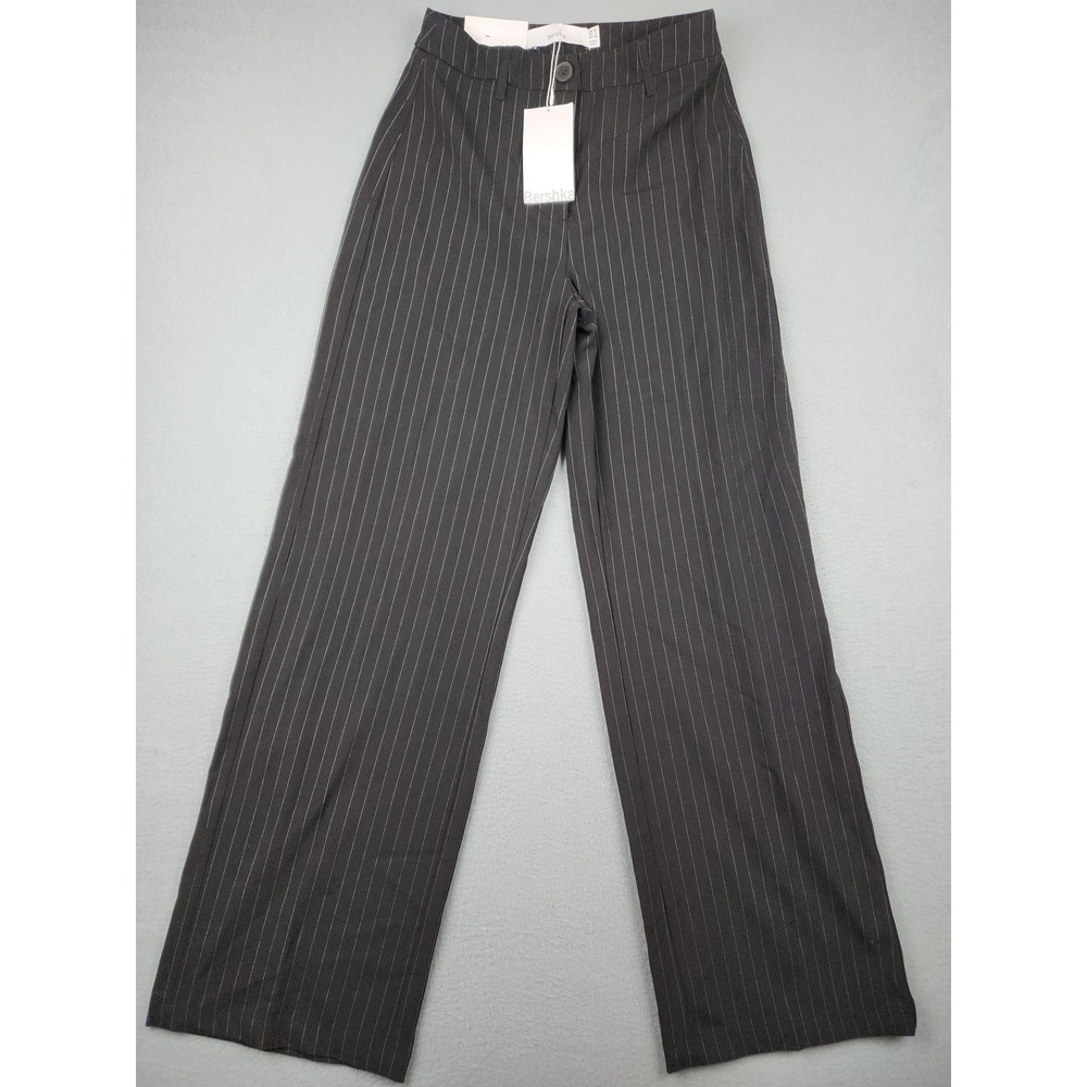 Bershka Dress Pants Womens 36 Black Pinstripe Wide Leg Twill Stretch Work NWT